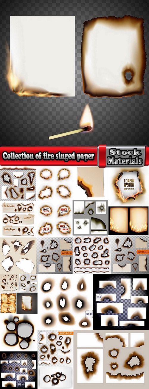 Collection of fire singed paper sticker label sticker burning ash 24 EPS