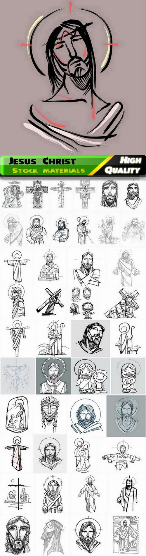 Hand drawn sketches of Jesus Christ and Christian religion 45 Eps