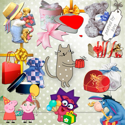 Клипарт - Разнообразные подарочные коробки, упаковочные банты и зверюшки с подарками