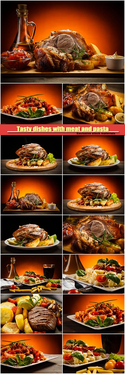 Tasty dishes with meat and pasta