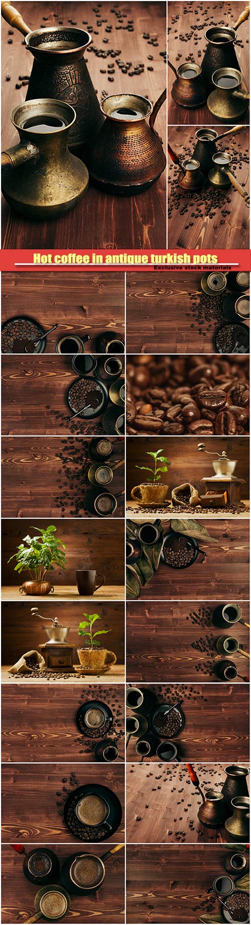 Hot coffee in antique turkish pots, beans on brown old wooden board background