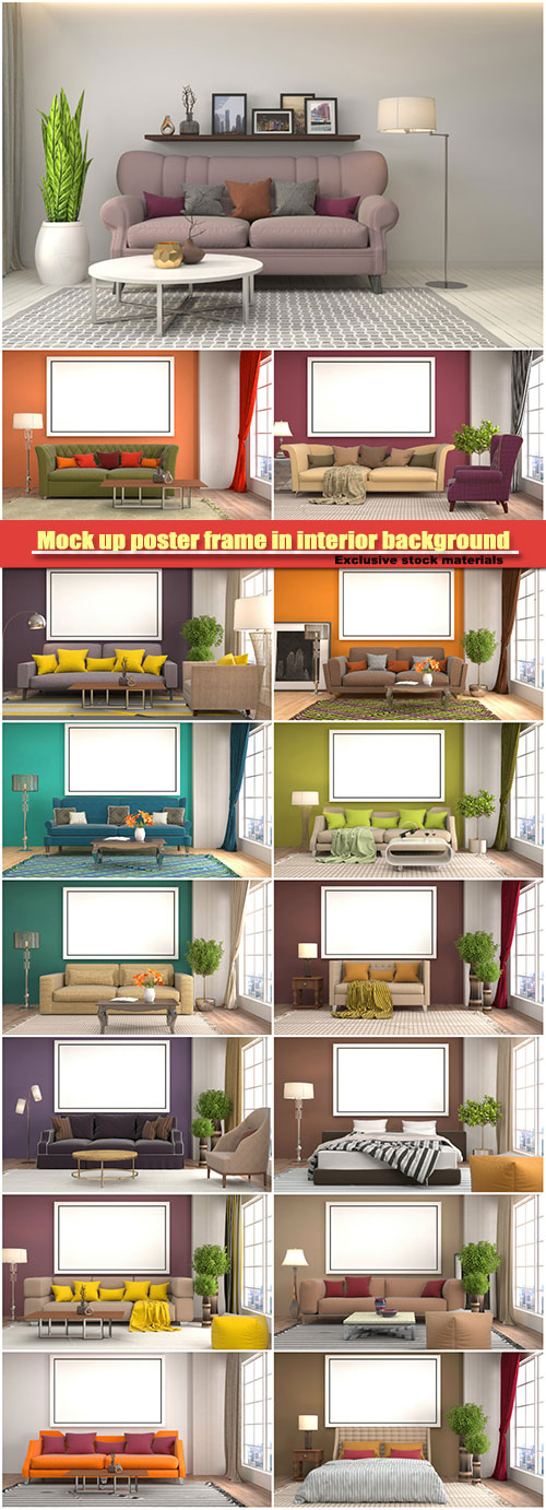 3D Illustration mock up poster frame in interior background