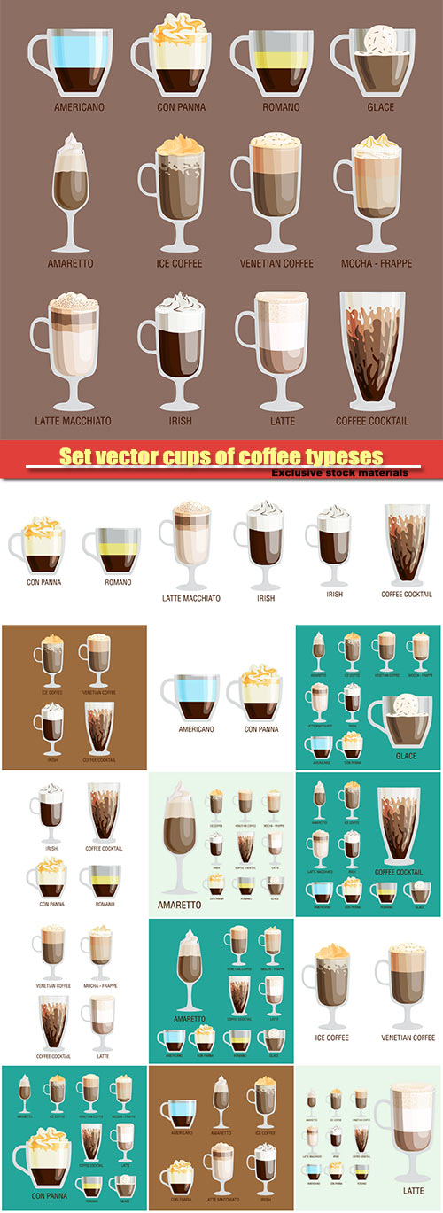 Set vector cups of coffee typeses