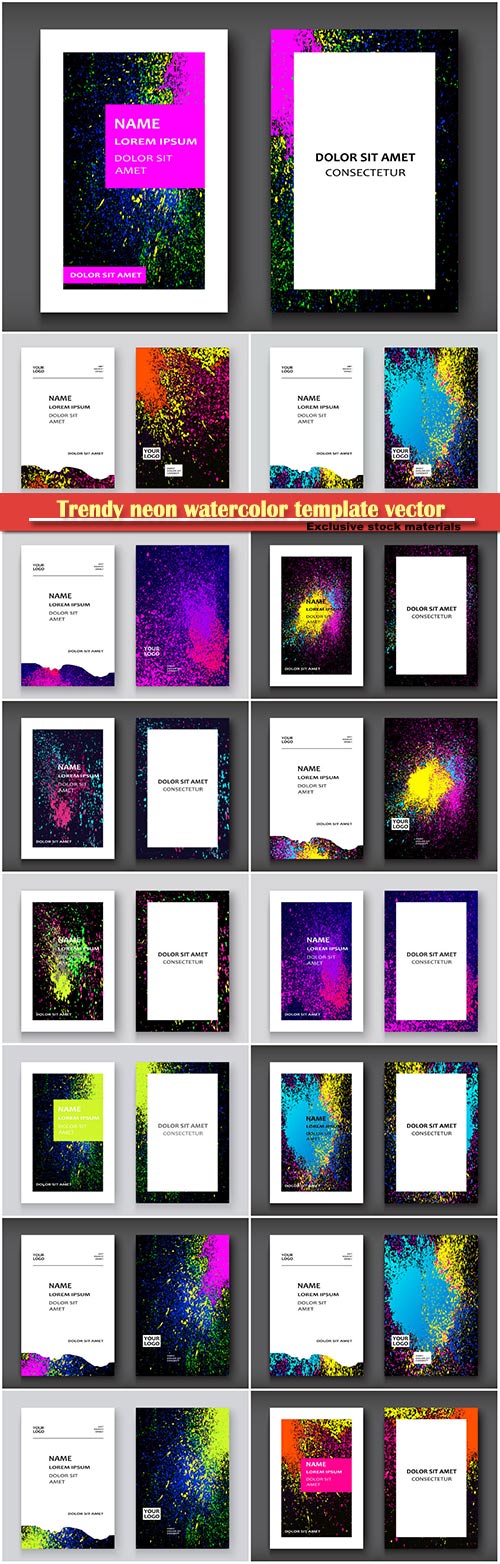 Trendy neon watercolor template vector illustration for flyer, business card