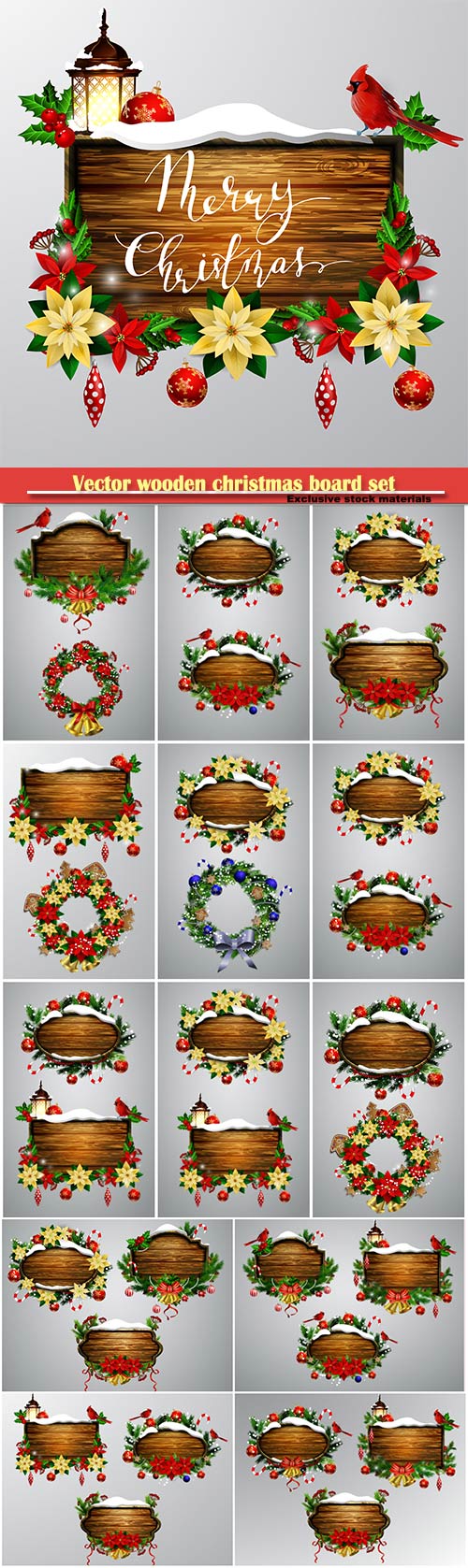 Vector wooden christmas board set with christmas tree and decorations