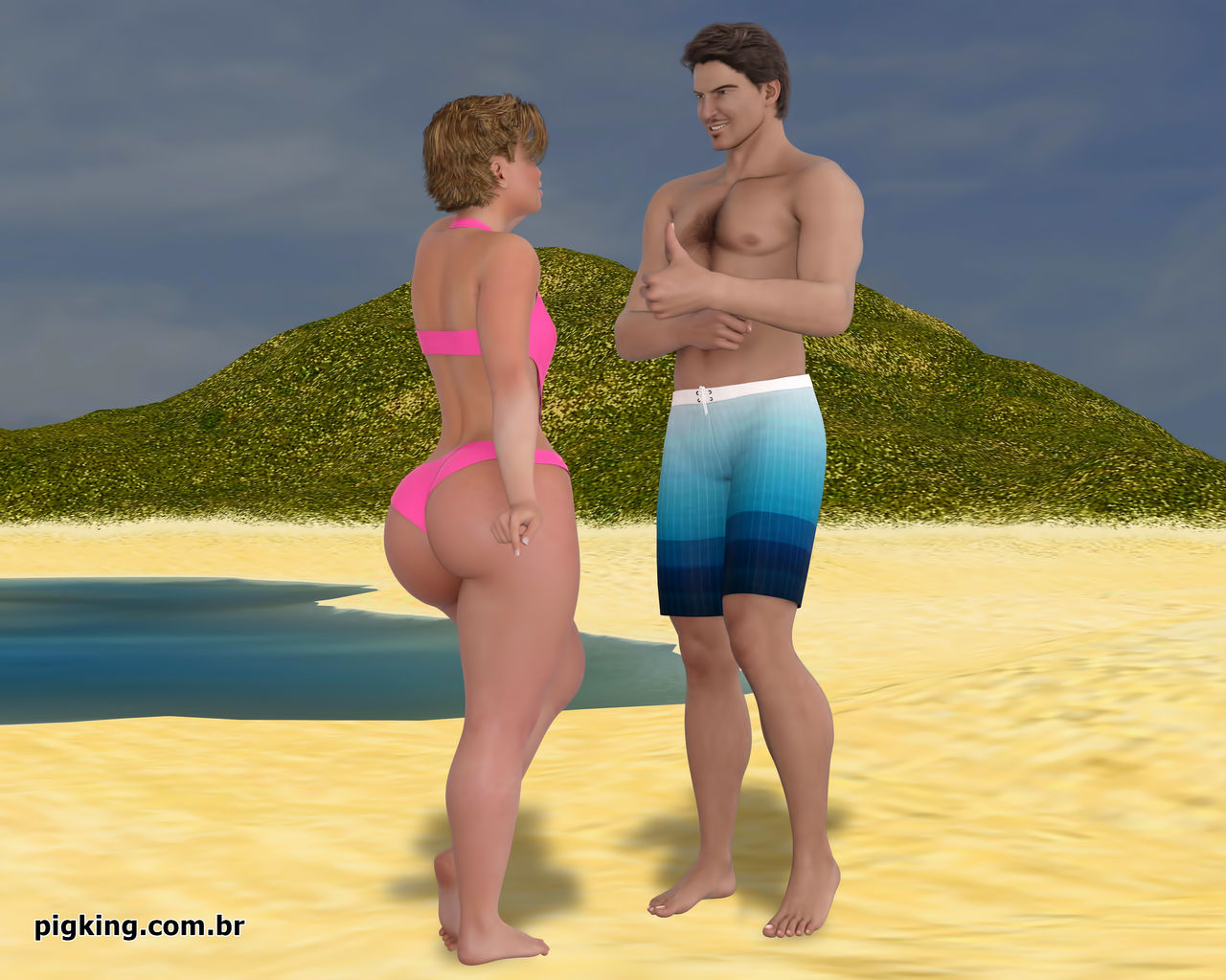SEXY MILF WITH SHORT HAIR FUCKED BY BLACK GUY ON THE BEACH AND THEN BY SHEMALE IN PIGKING NININHO