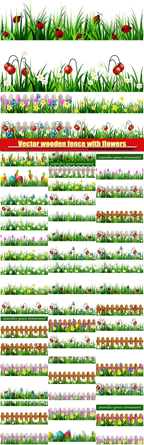 Vector wooden fence with flowers pink tulips and yellow daffodils borders s ...