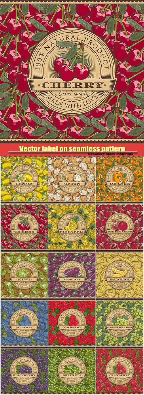 Vector label on seamless pattern in vintage style