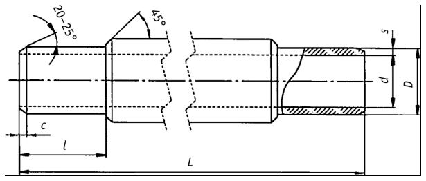 Хризолитцементная напорная труба: D - наружный диаметр; d - внутренний диаметр; I- длина обточенного конца; L - толщина обточенной стенки; s - толщина стенки; c - длина конуса
