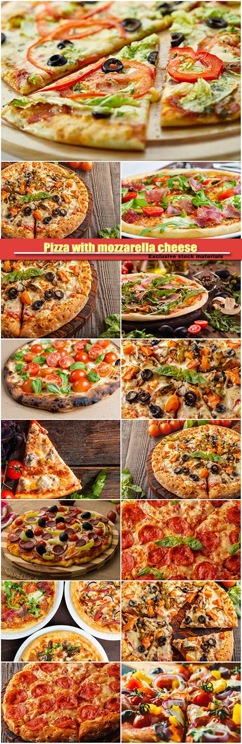 Pizza with mozzarella cheese, tomatoes, champignons