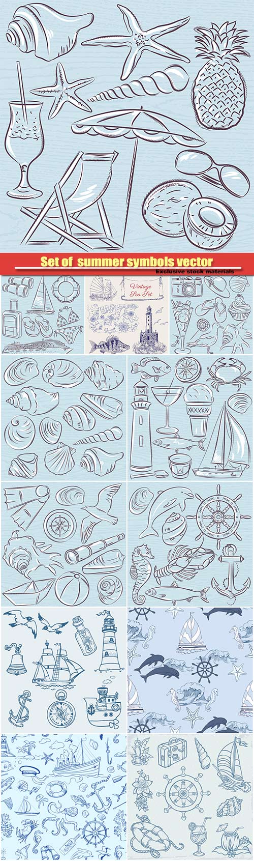 Set of  summer symbols vector illustration, shells, crab, boat, cocktail, lighthouse, ice cream, bucket, fish