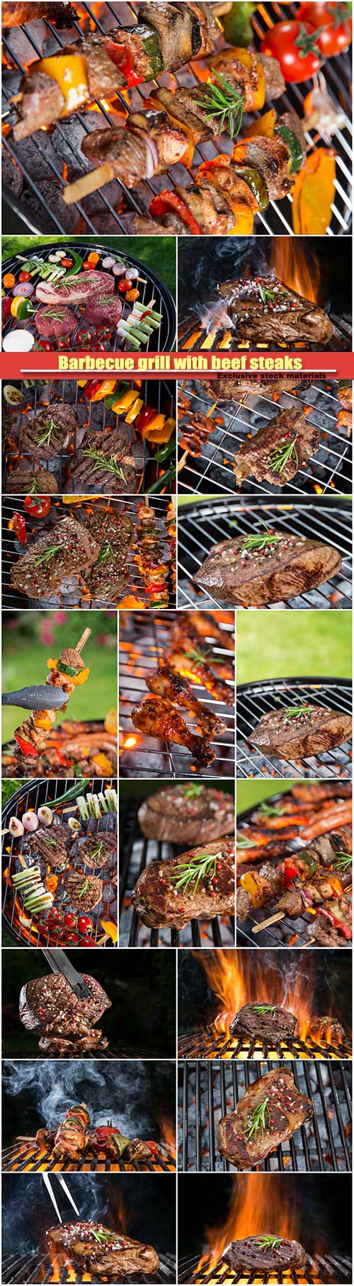Barbecue grill with beef steaks and sea fishes