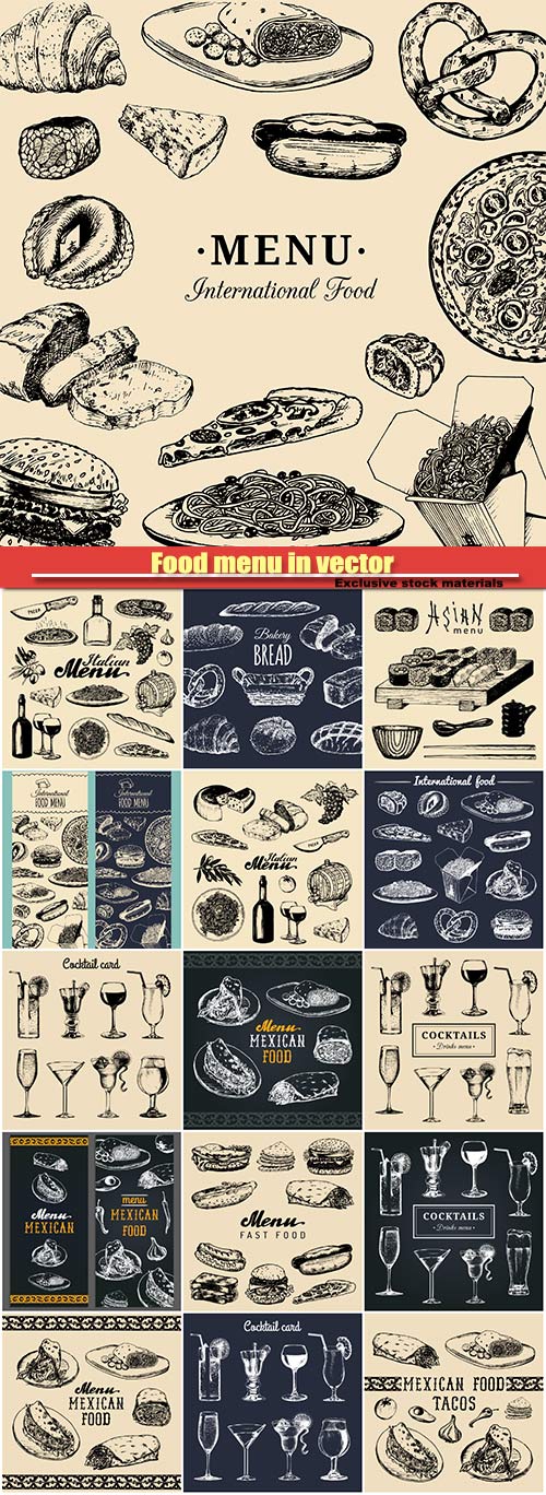 Food menu in vector, cocktail card, snack bar, fast-food restaurant icons