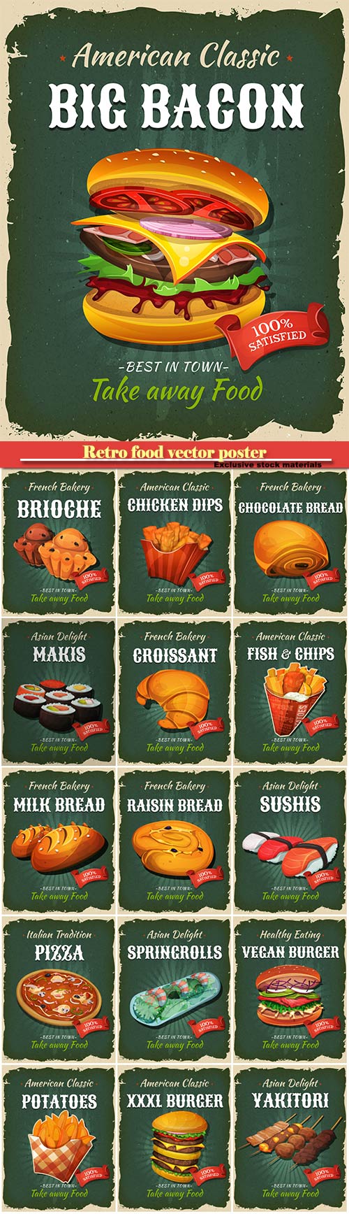 Retro food vector poster, burger, sushi, chicken-dips, pizza