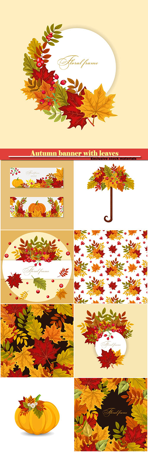 Autumn banner with leaves and  berries, vector colorful background for gree ...