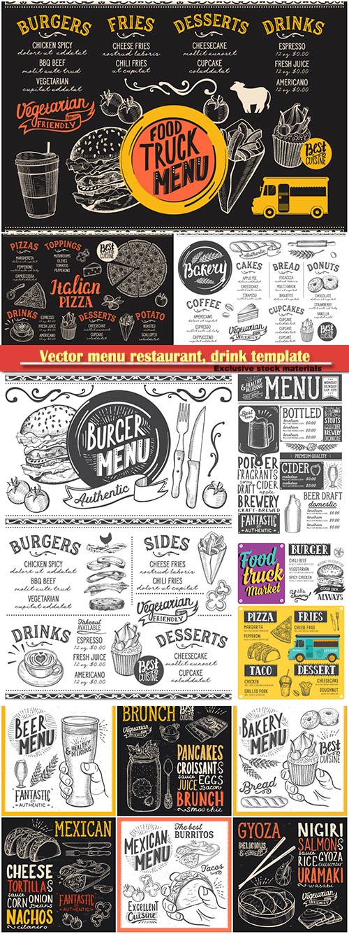 Vector menu restaurant, drink template, food illustrations