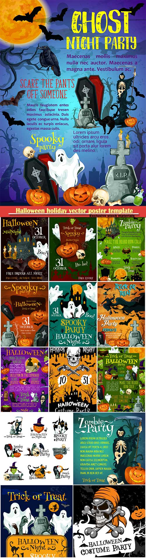 Halloween holiday vector poster template, pumpkin with witch hat, spider an ...