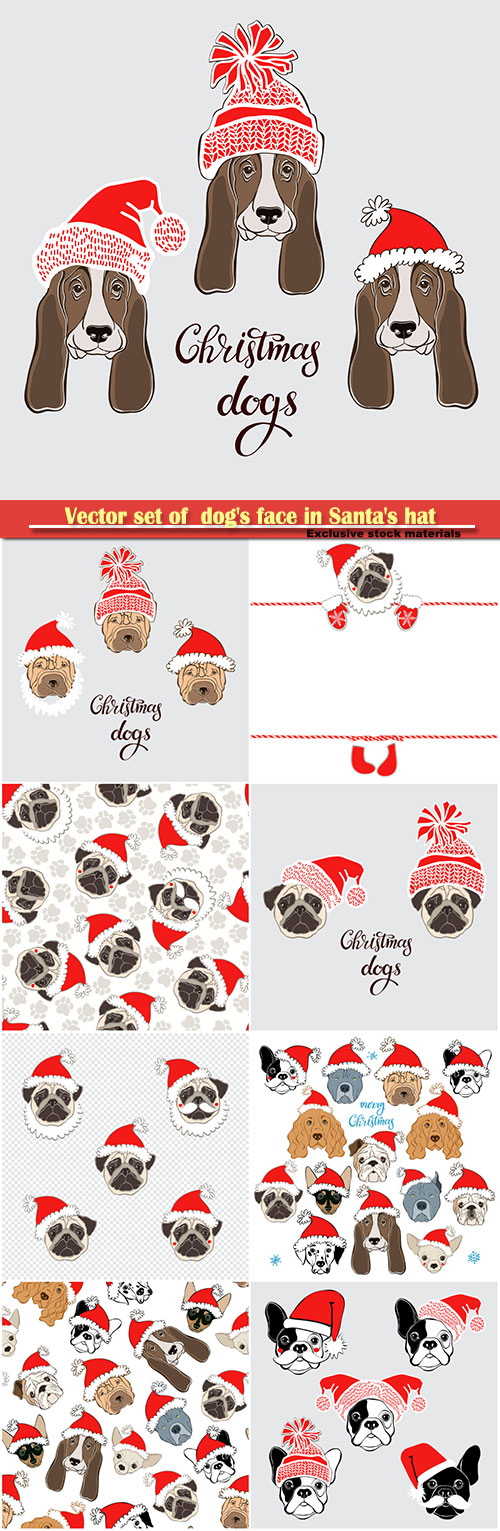 Vector set of  dog's face in Santa's hat, dog animal symbol of new year 2 ...