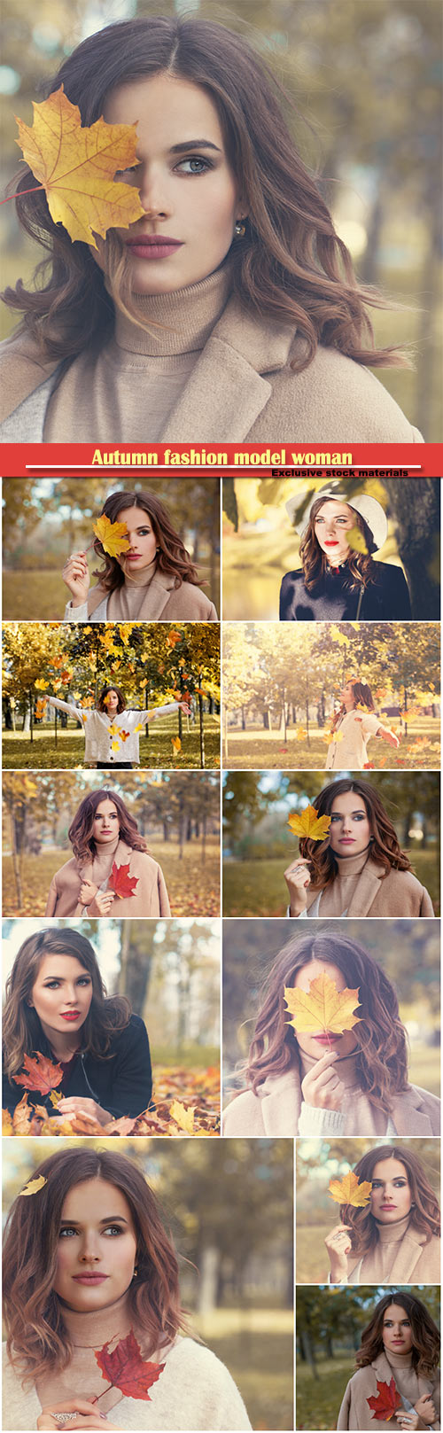 Autumn fashion model woman with wavy hair and fall maple leaf outdoors
