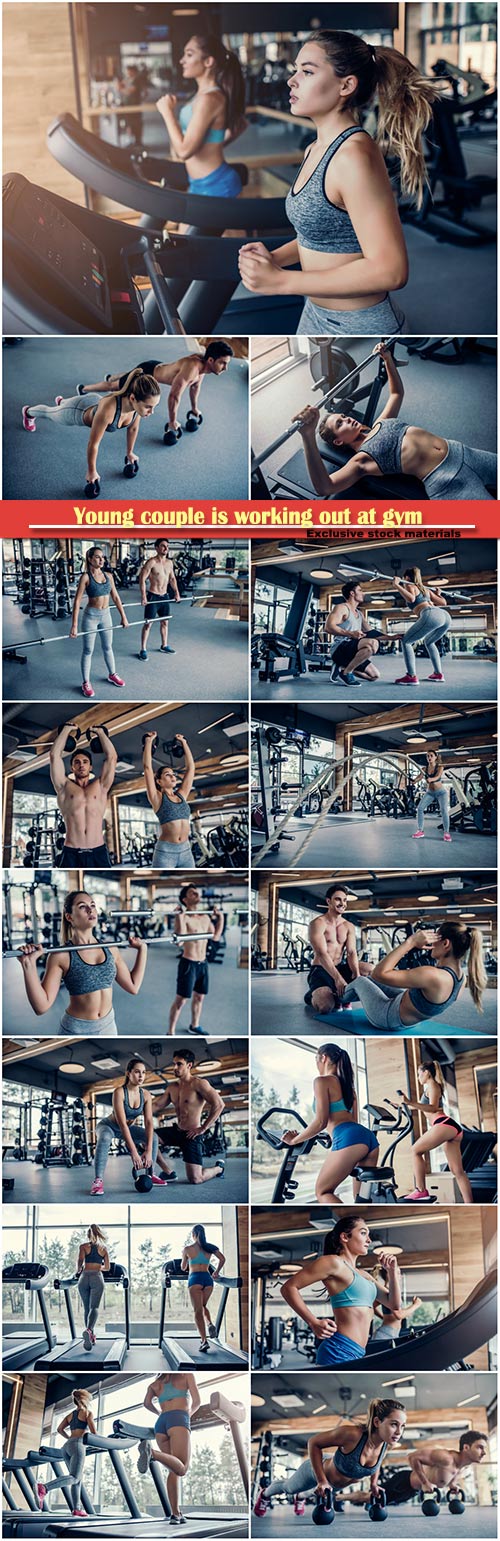 Young couple is working out at gym, handsome muscular man trainer
