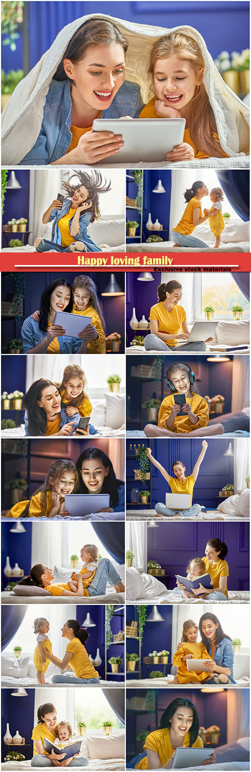 Happy loving family, mother and her daughter girl are playing with tablet