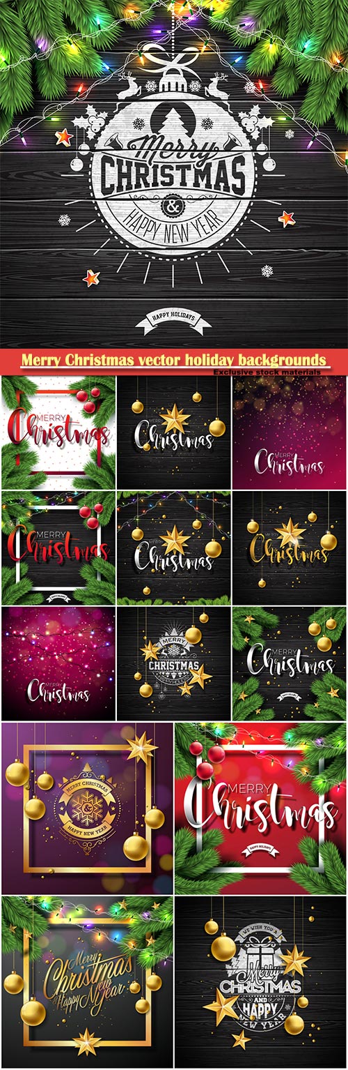 Merry Christmas vector holiday backgrounds, Christmas decorations and snowf ...