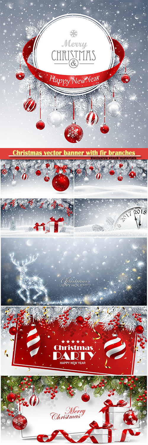 Christmas vector banner with fir branches and red balls on snow sparkling b ...