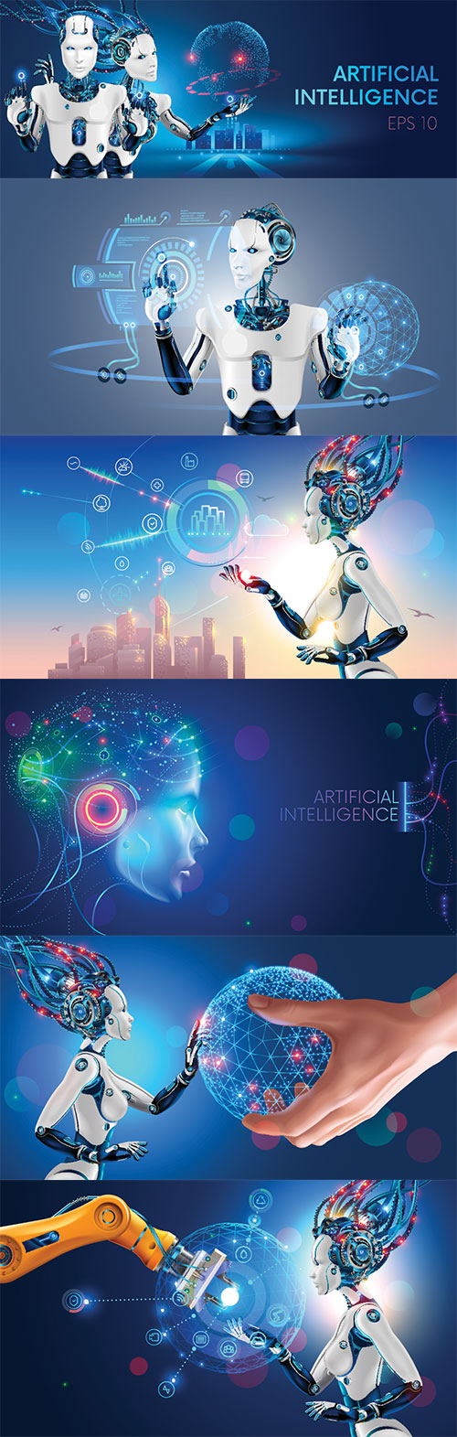 Robots man and woman with artificial intelligence working with virtual interface in cybernetic reality, 3d vector illustration